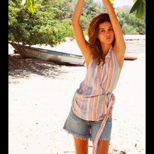 NWOT Free People Button Down Mackenzie Wrap Shirt Striped Ivory Combo Small